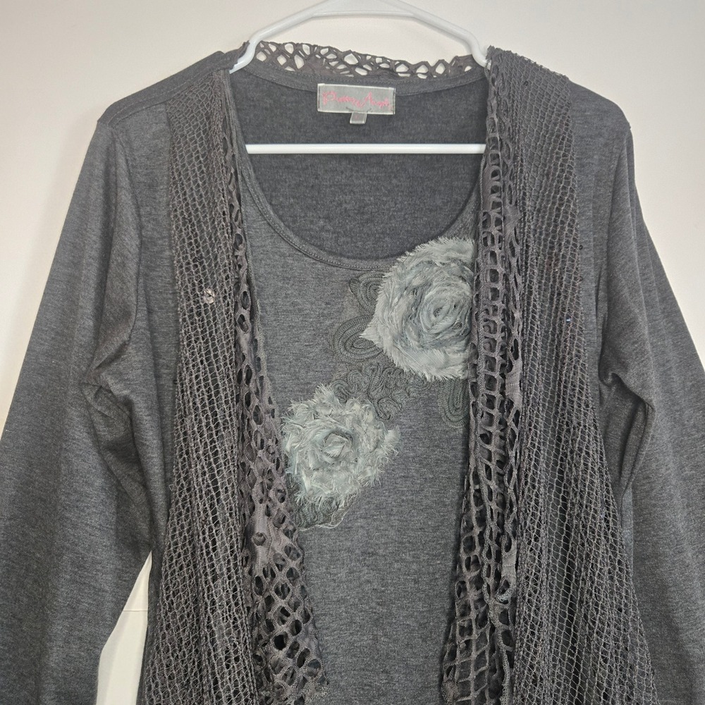 Pretty Angel Women Charcoal Gray Silk Blend Floral Applique Mesh Layered Tunic L - Picture 3 of 16